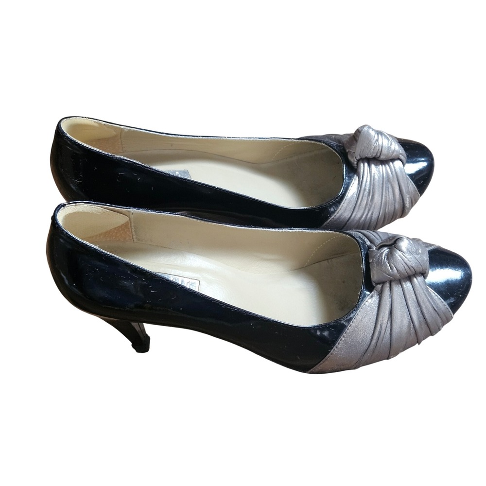 VTG Lenny & Cia Womens Patent Silver Knot Heel Pumps 8.5 Black Brazil Corpcore
